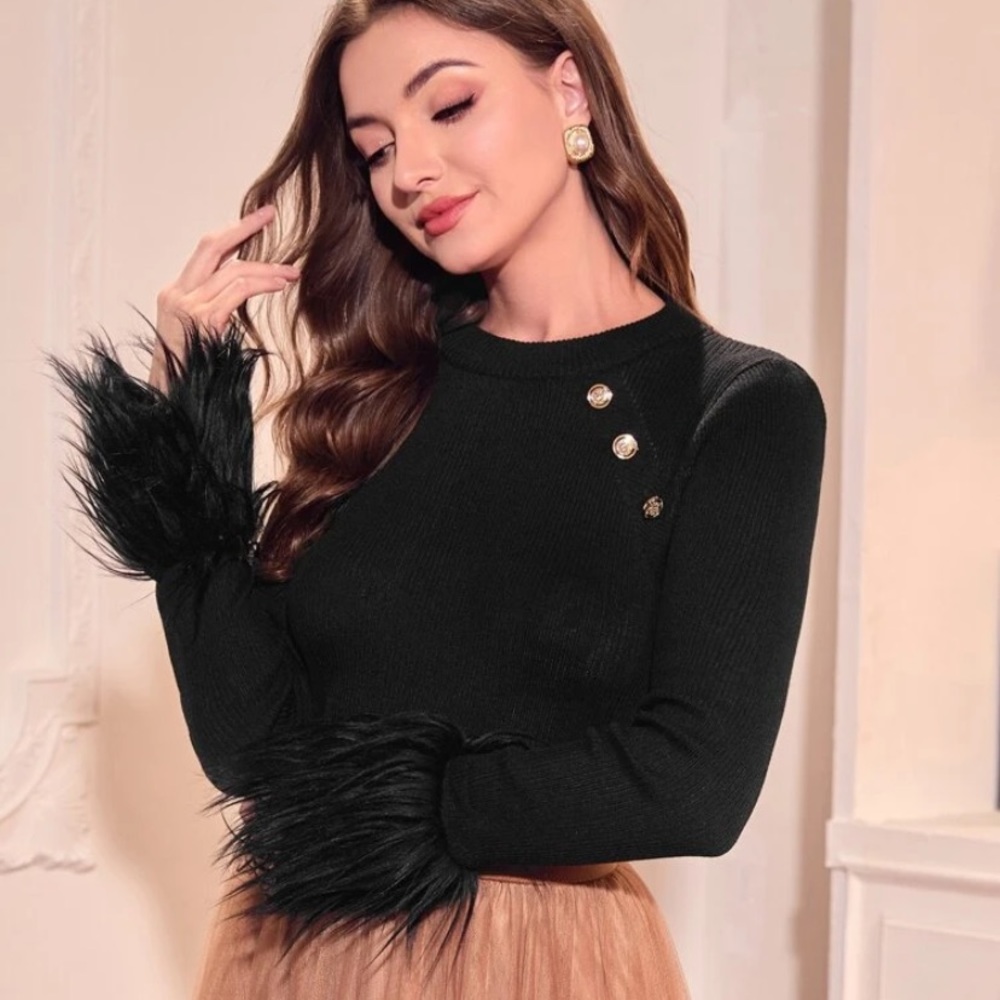 Shein faux fur cuff long sleeve knit top with gold buttons, medium
